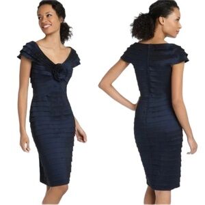 Tadashi Shoji Rosette Tiered Pleated Navy Blue Sheath Dress Women's size 12